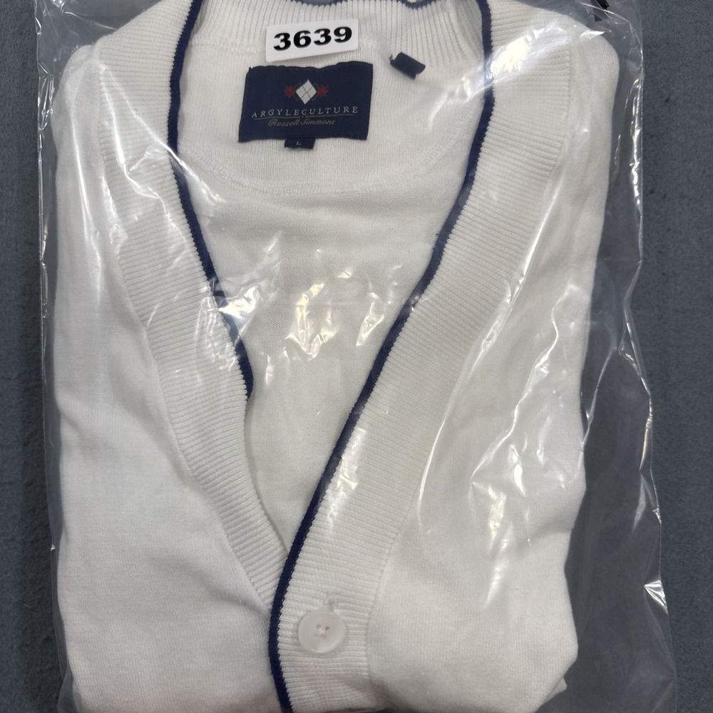 SWEATER CARDIGAN MENS LARGE ARGYLECULTURE Argyle WHITE BUTTON NAVY TRIM - Picture 9 of 9